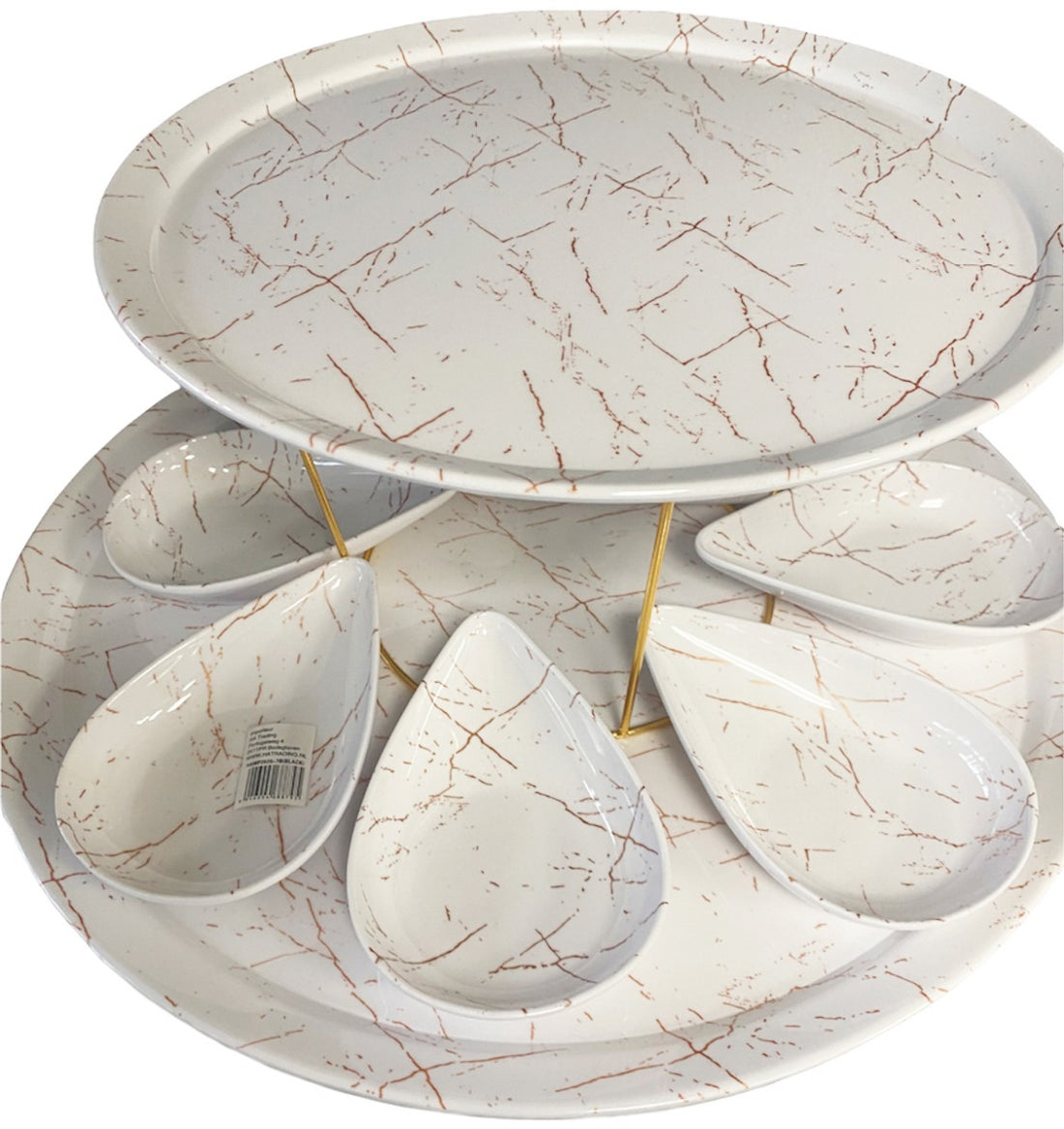 Melamine presentatieset wit marmer – borden, buffetverhoger en 8 schaaltjes
