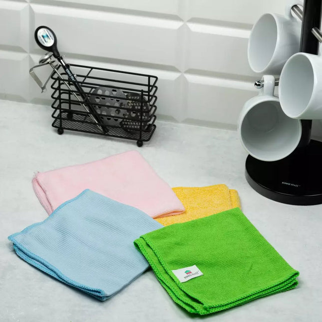 Kinghoff KH2115 Microfiber Cloth Set - 4-Piece Color-Coded Cloths (32 x 32 cm) for Furniture, Glass, Kitchen, and More