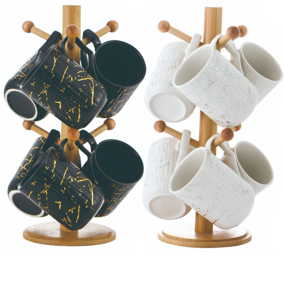 Mug tree - Marble-look cups with bamboo holder