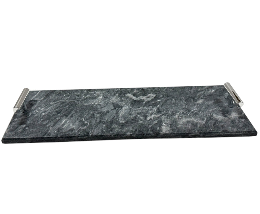 Marmeren dienblad zwart met zilveren handvatten – 40 x 14 cm – foto 2