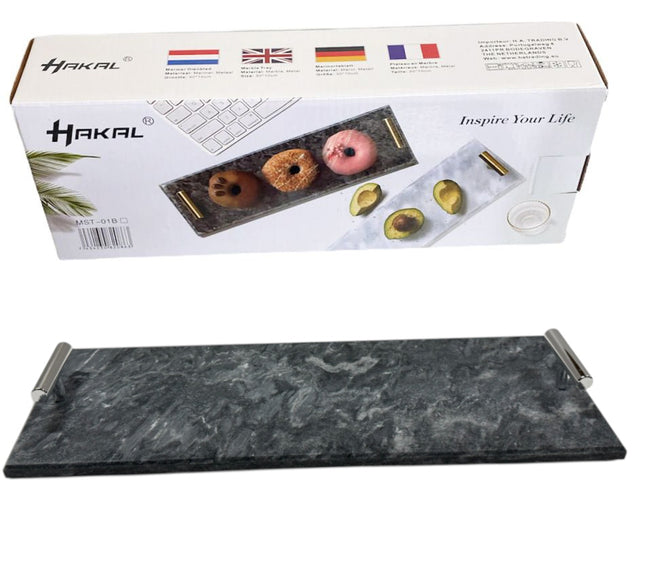 Marble serving tray with silver handles 30 x 10 cm black
