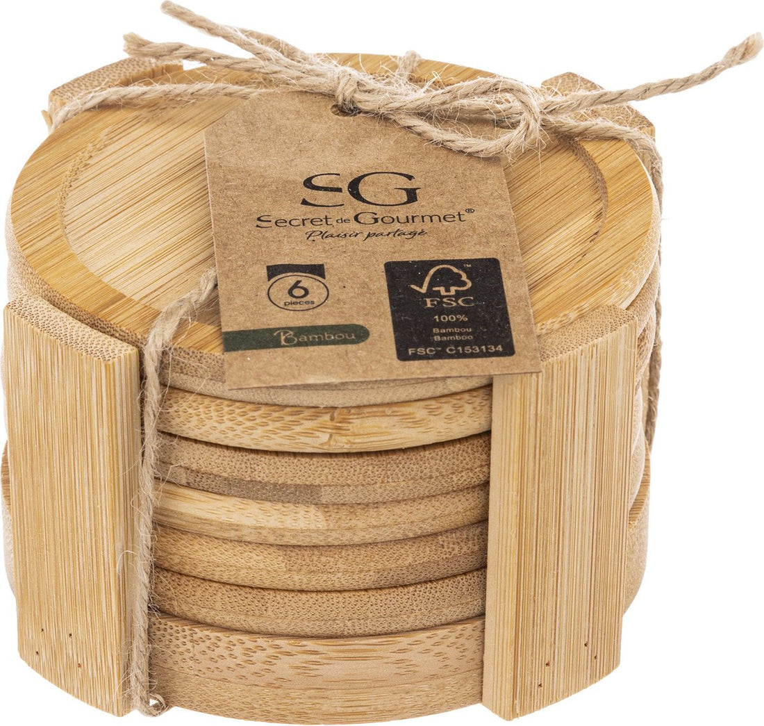 Secret de Gourmet bamboe onderzetters – set van 6 voor glazen, met houder