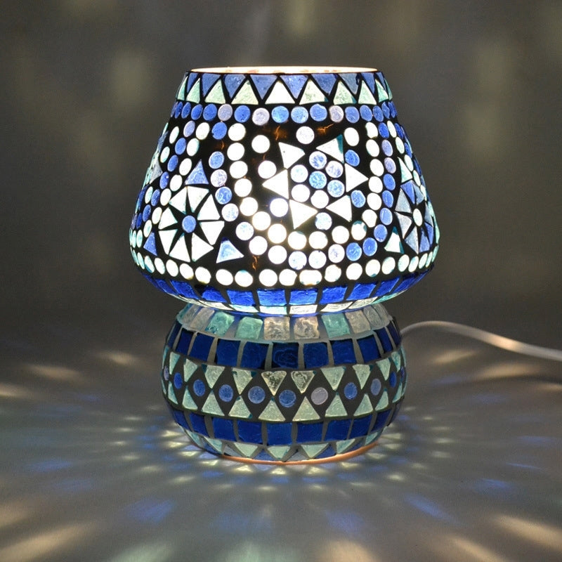 Petite lampe de table mosaïque orientale champignon bleue