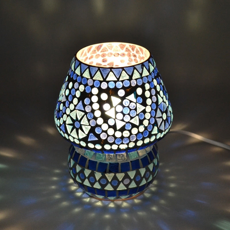 Petite lampe de table mosaïque orientale champignon bleue