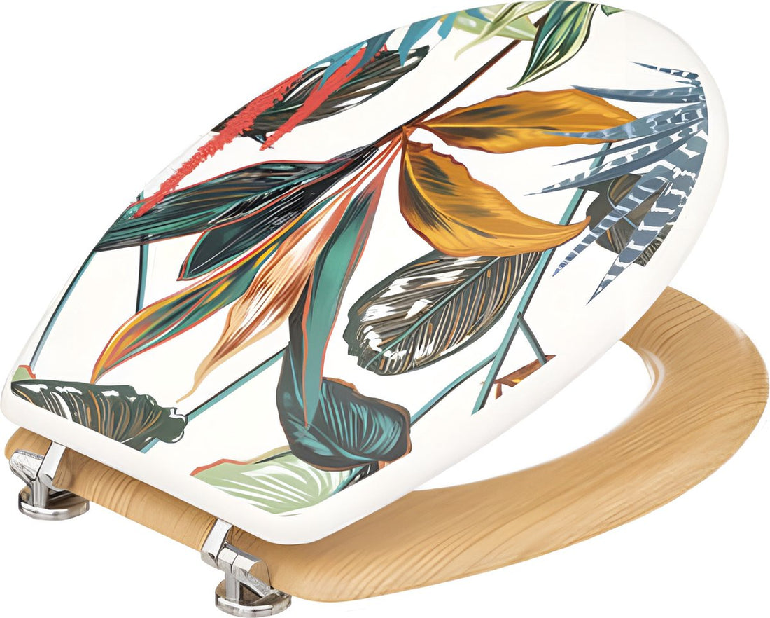5five Toilet seat, Palawan wood + zinc hinges, Tropical leaves universal