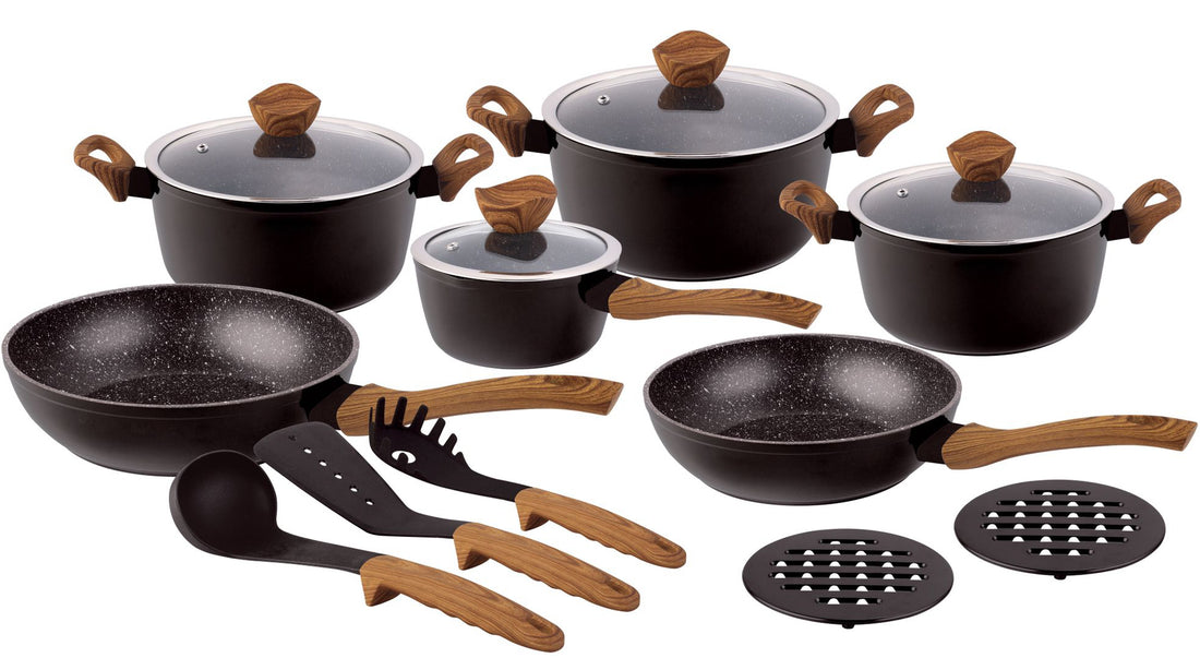 Batterie de cuisine - Casserole - Induction - Revêtement marbre 15 pièces
