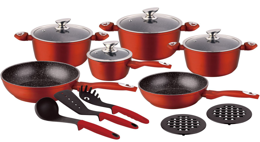 Cookware set - Saucepan - Induction - 15-piece marble coating - red