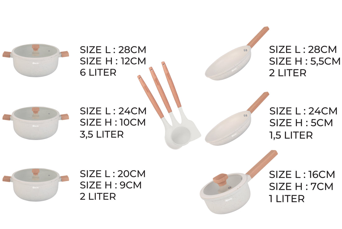13-piece cookware set - Granite, non-stick coating - Ergonomic cool-touch handles - Suitable for all heat sources - cookware set including frying pan, soup pot, and saucepan
