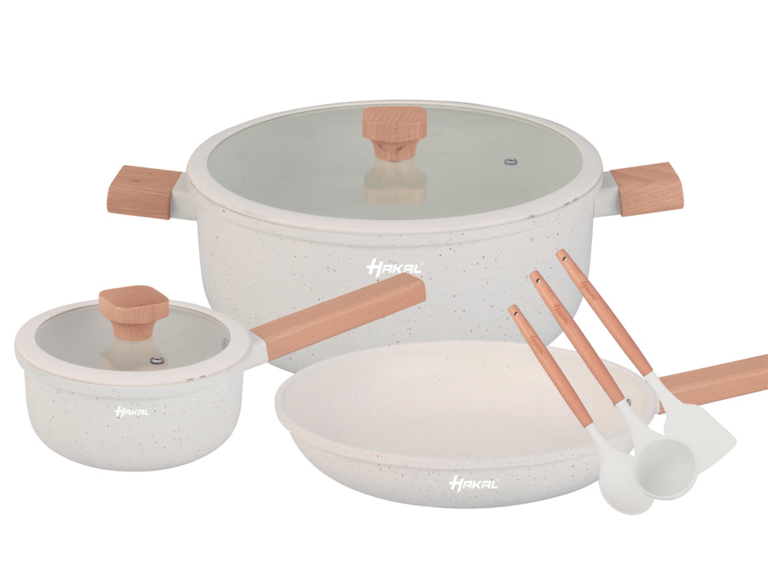 13-piece cookware set - Granite, non-stick coating - Ergonomic cool-touch handles - Suitable for all heat sources - cookware set including frying pan, soup pot, and saucepan