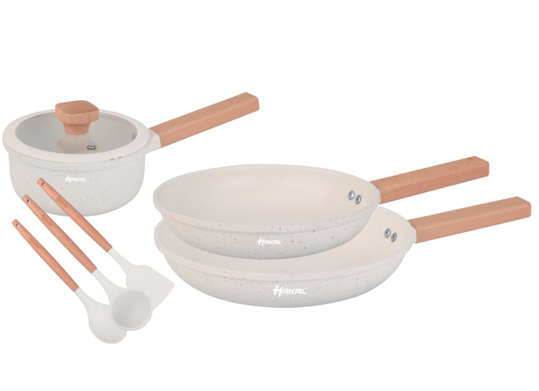 13-piece cookware set - Granite, non-stick coating - Ergonomic cool-touch handles - Suitable for all heat sources - cookware set including frying pan, soup pot, and saucepan