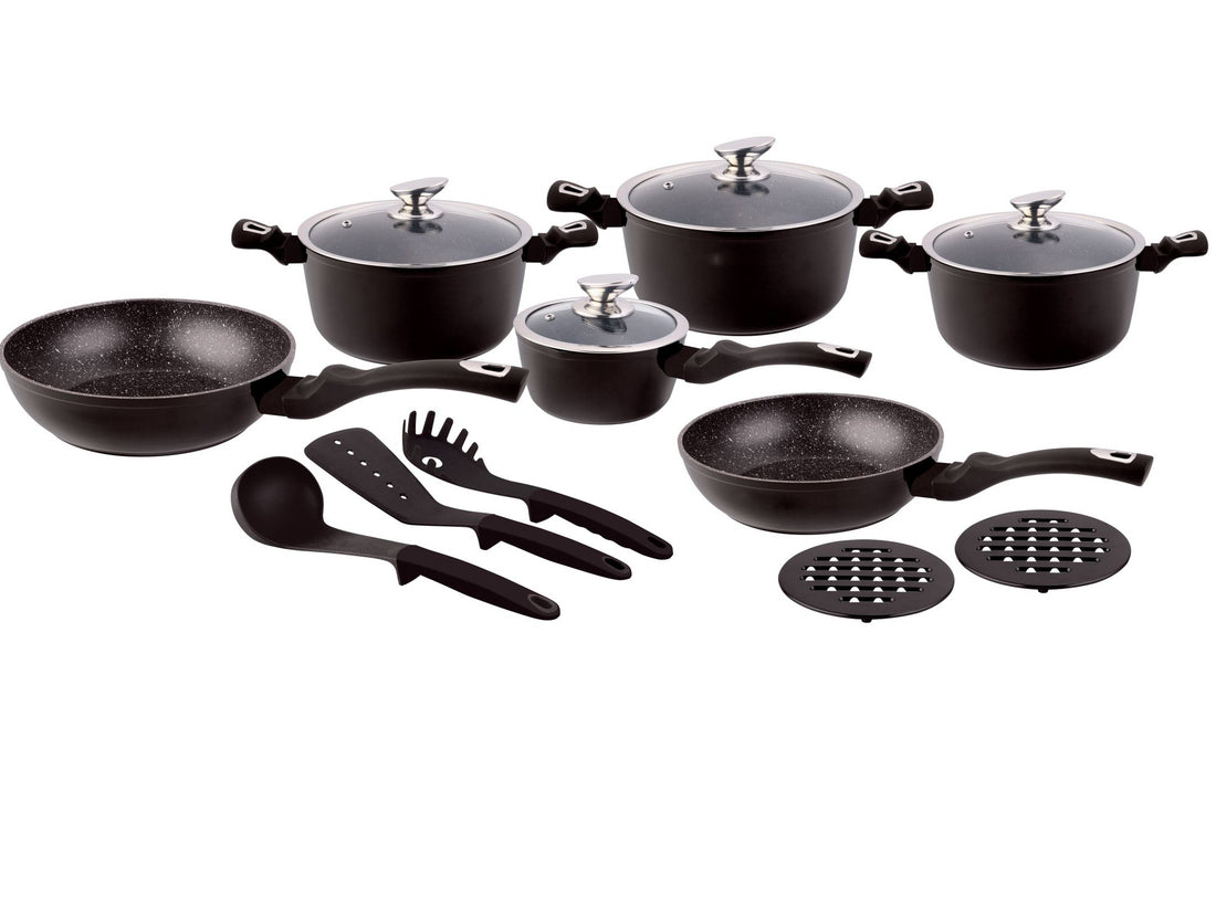 Batterie de cuisine - Casserole - Induction - 15 pièces revêtement marbre - Noir