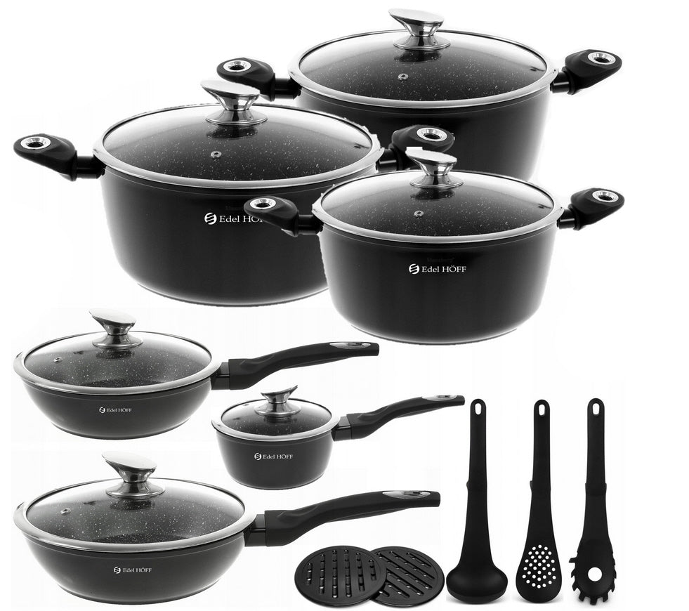 Batterie de cuisine - Casserole - Induction - 15 pièces revêtement marbre - Noir