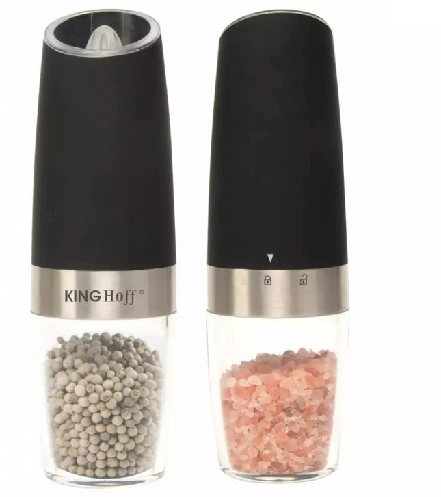 Kinghoff Set of 2 Gravity Salt and Pepper Mills - Electric, Ceramic Grinding Mechanism, LED Lighting - Matte Black (50 ml)