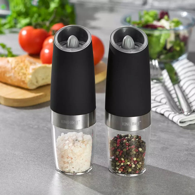 Kinghoff Set of 2 Gravity Salt and Pepper Mills - Electric, Ceramic Grinding Mechanism, LED Lighting - Matte Black (50 ml)