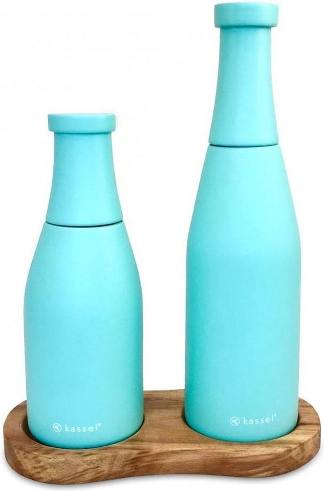 Kassel peper- en zoutmolen set met acacia standaard – blauw-turquoise