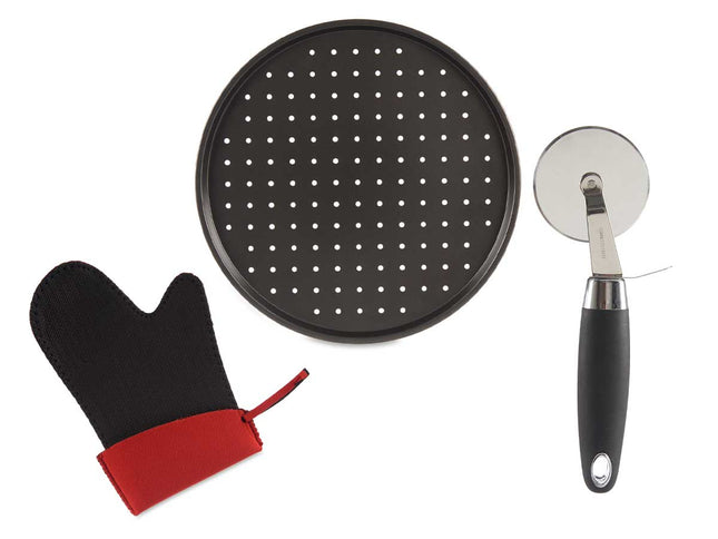 Set Pizzasnijder - RVS Pizzaplank - Ovenhandschoen