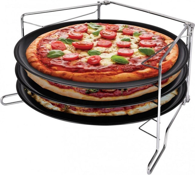 Kinghoff pizza bakplaten set van 3 – Ø 32 cm met standaard, antiaanbaklaag