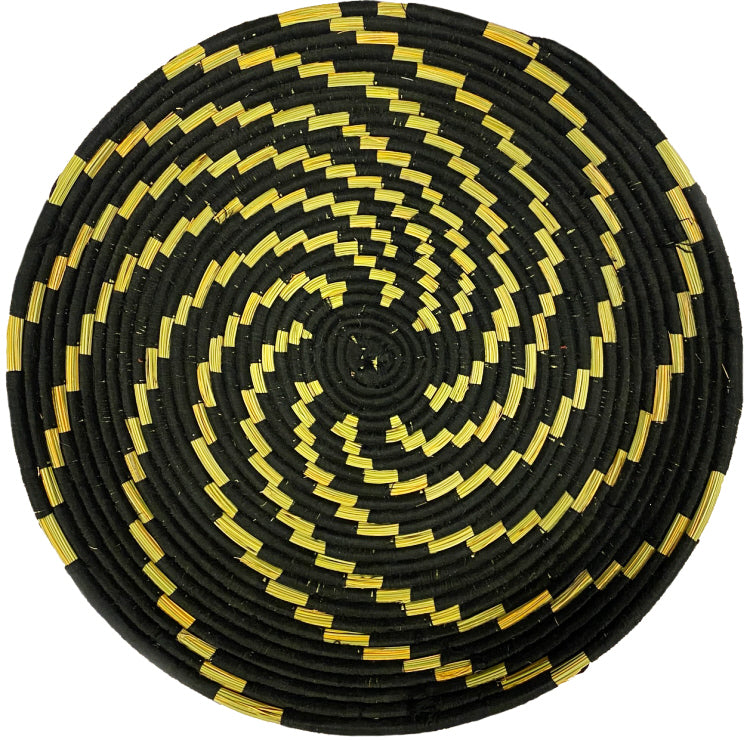 Marokkaanse platte berbermand zwart/naturel – zeegras en wol, Ø 45 cm