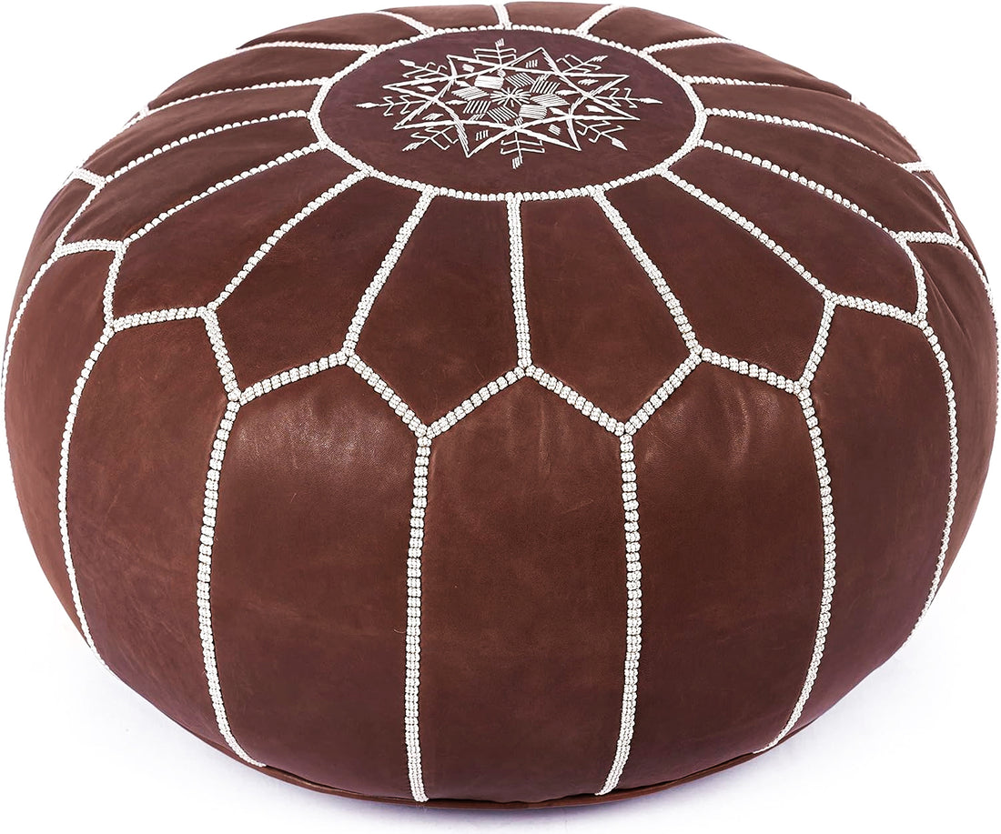 Marokkaanse poef taupe – handgemaakt van leer, Ø 45 cm, met of zonder vulling