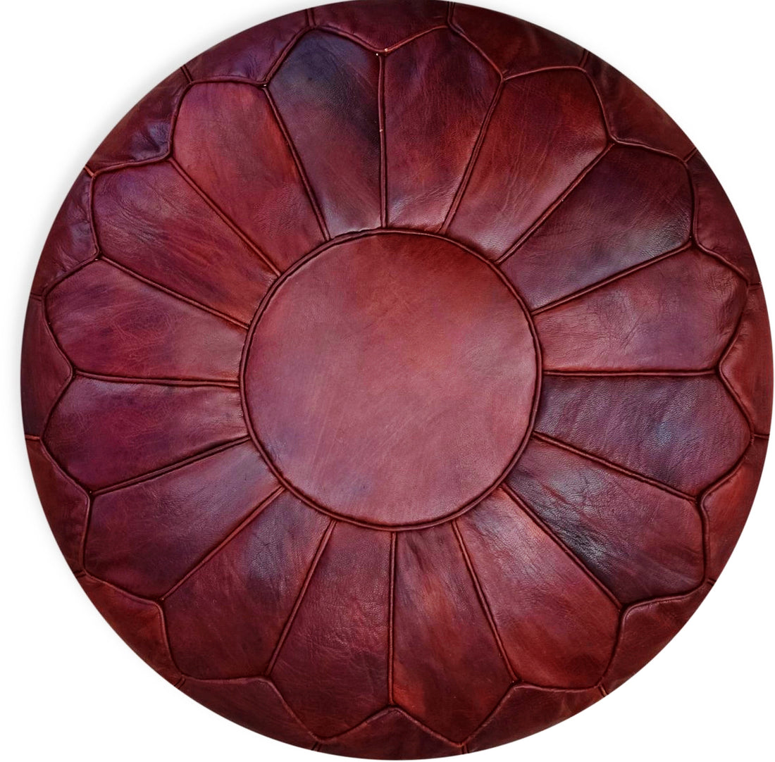 Marokkanischer Leder Pouf (XL) - Weinrot - Ø60 x 35cm