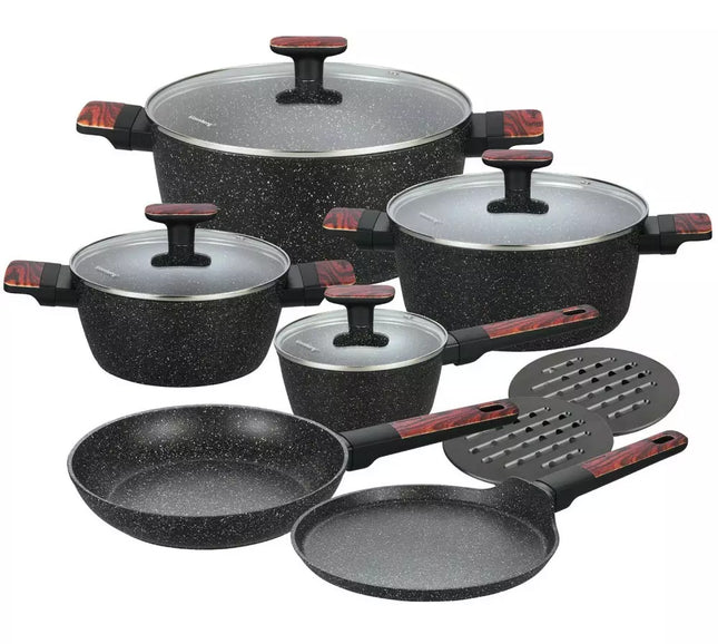 12-Piece Granite Cookware Set with Marble Coating – Suitable for Induction and All Heat Sources – Scratch-Resistant and Healthy Cooking