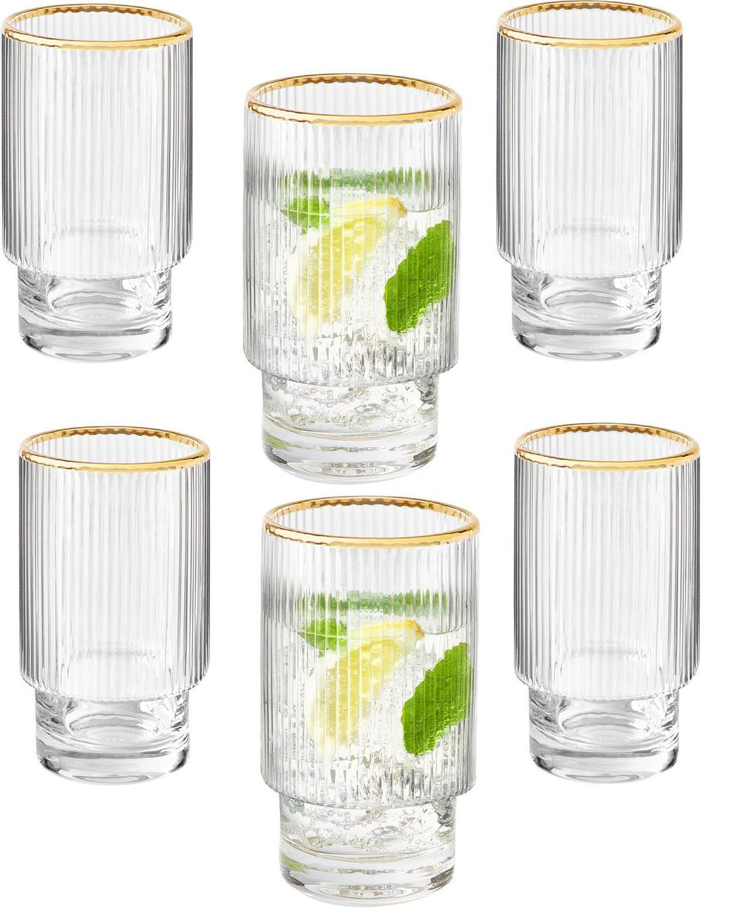 Ripple longdrinkglazen 295 ml – stapelbaar, met gouden rand, set van 6