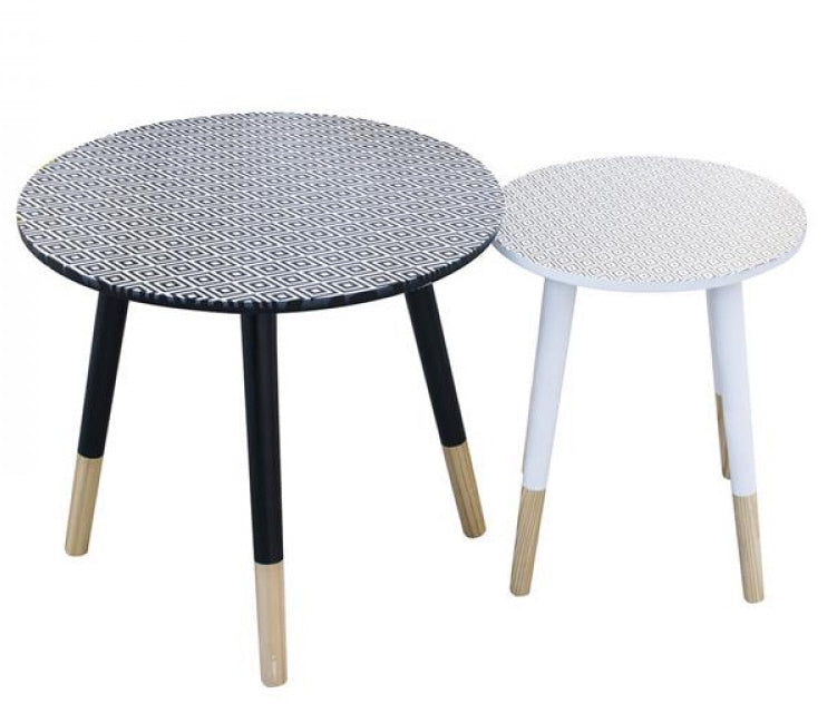 Bijzettafels rond wit en zwart – set van 2 houten tafels, Ø 43 en 33 cm