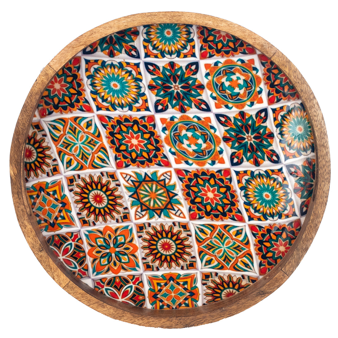Plateau rond en bois motif émail 35 cm
