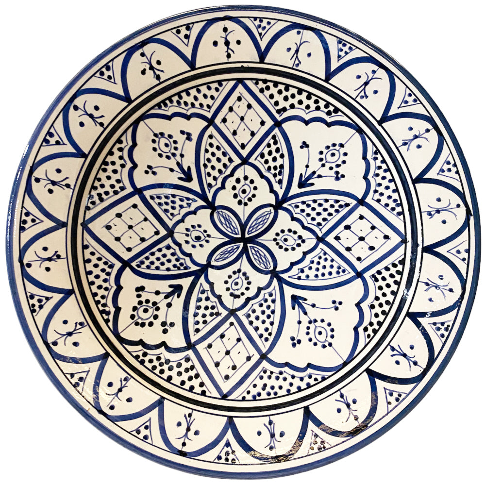 Grote Marokkaanse schaal blauw-wit met bloemen – handbeschilderd, Ø 35 cm