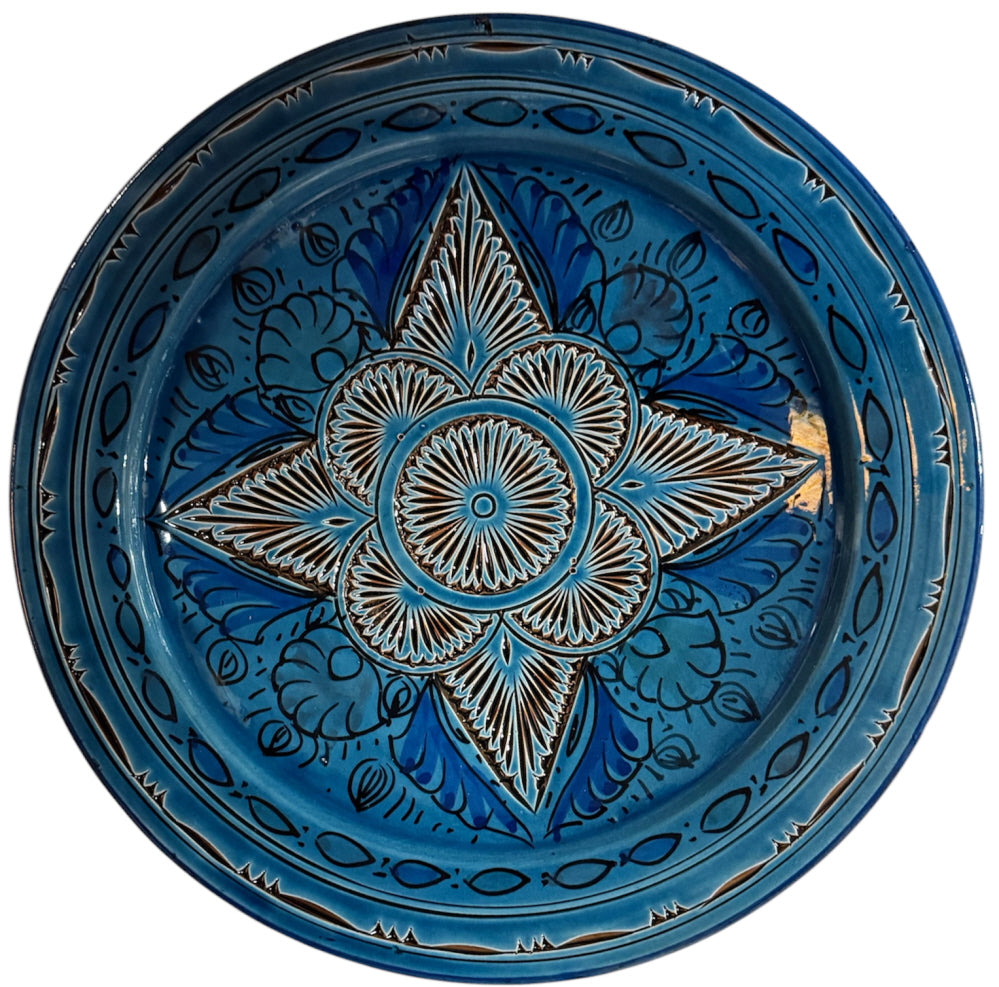 Moroccan engraved pottery bowl blue