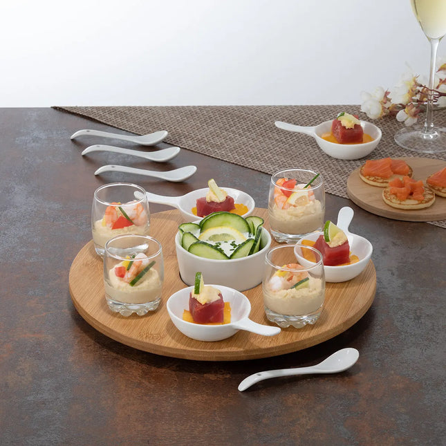 Serveerplank / amuse / aperitief hapjes - bamboe / porselein - wit - voor 4x personen - 14-delig