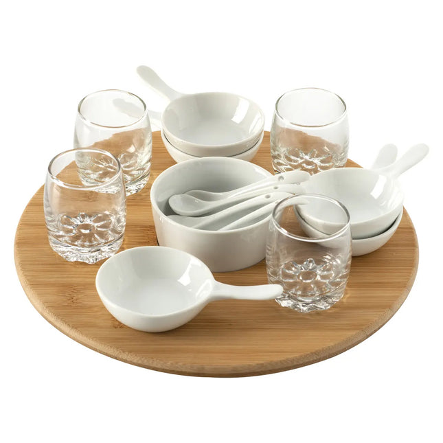 Serveerplank / amuse / aperitief hapjes - bamboe / porselein - wit - voor 4x personen - 14-delig