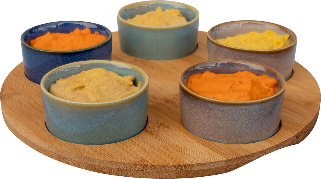 Servierbrett Bambus Ø 25 cm mit 5x luxuriösen Snack-/Saucen-/Tapasschälchen