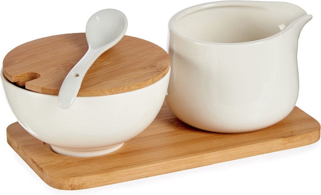 Vessia suiker en melk set van keramiek – met bamboe plankje, 19 cm
