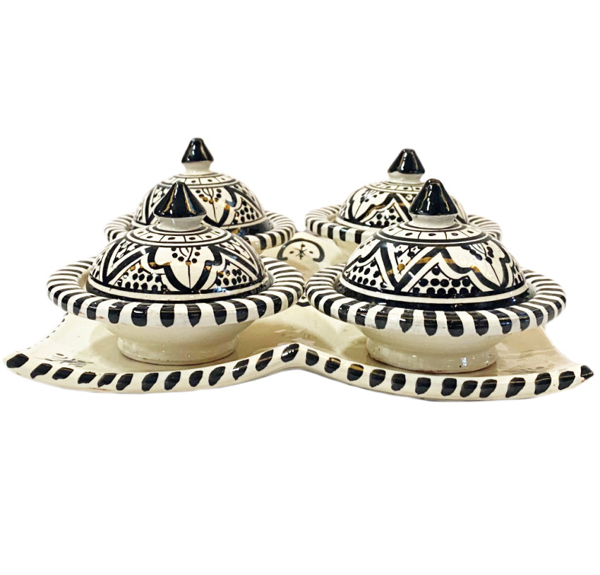Set mit 4 kleinen Tajines weiß-schwarz