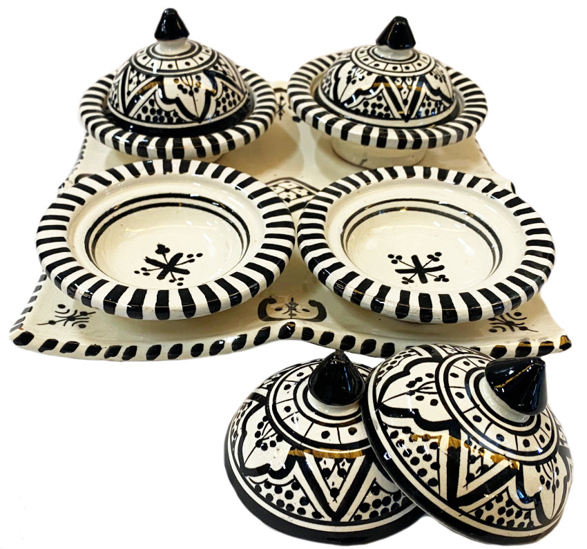 Set mit 4 kleinen Tajines weiß-schwarz