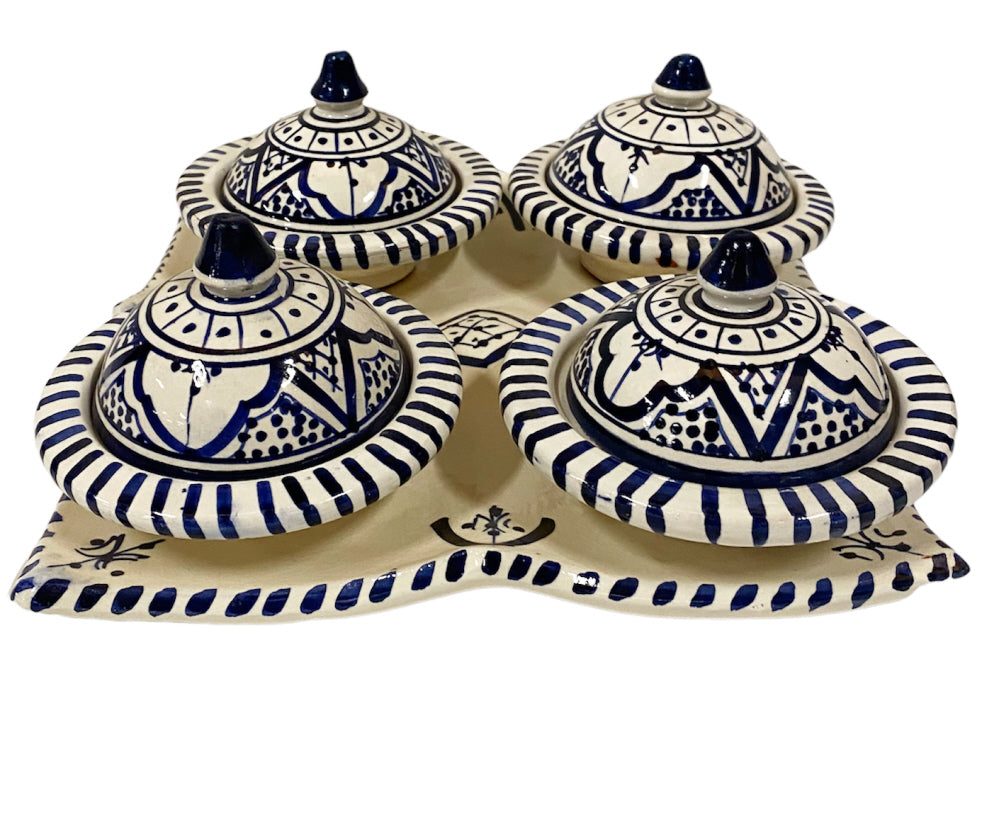 Set mit 4 kleinen Tajines blau-weiß