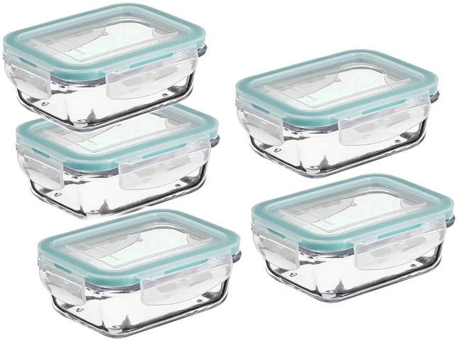 Glazen lunchbox 800 ml – 5 vershoudbakjes van kristalglas, lichtblauwe rand
