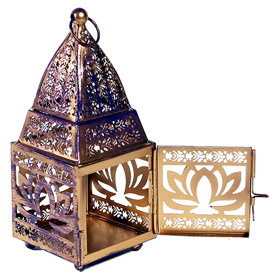 Oosterse lantaarn Lotus van ijzer – goud en paars, staand of hangend, 19 cm