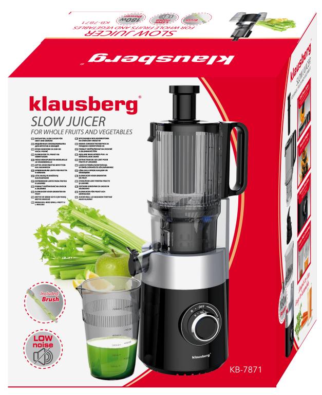 Klausberg KB-7871 Slow Juicer – Cold Press – Leiser vertikaler Entsafter mit breiter Einfüllöffnung – Obstpresse – Schwarz / Silber