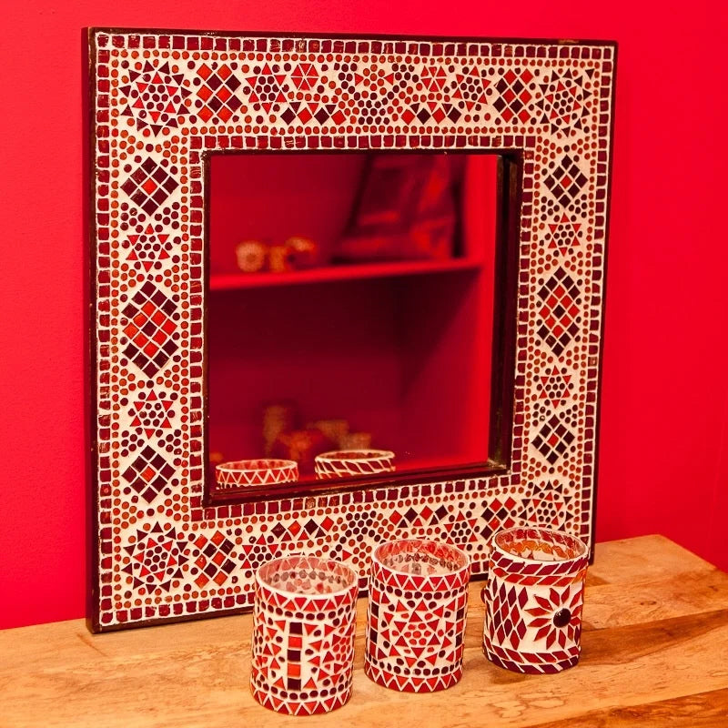 Oosterse spiegel met mozaïek lijst – rood-oranje, vierkant, 50 x 50 cm