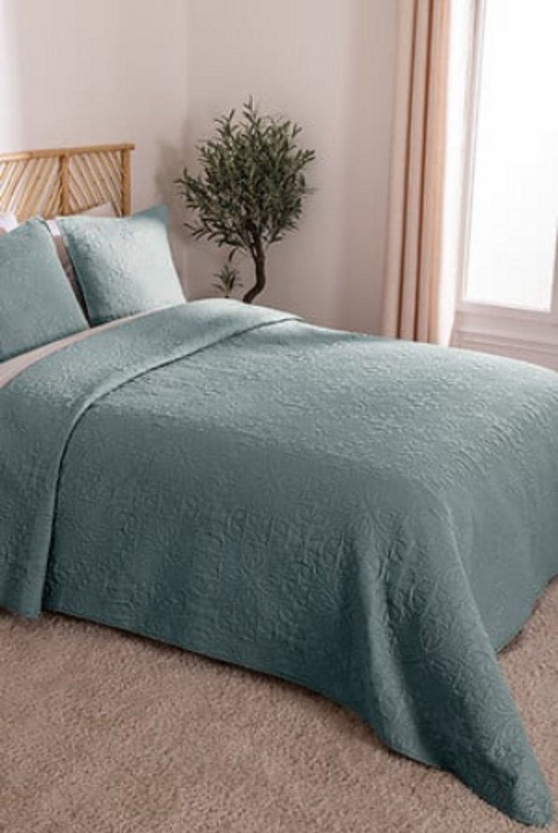 Blauwe sprei Arabesque 240 x 260 cm – mineraalblauw, met 2 kussenslopen – foto 4