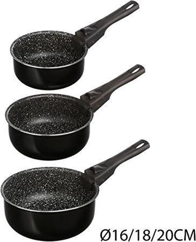 Stielkasserolle / Stieltopf 3er-Set - alle Herdarten - Aluminium - schwarz - 16 / 18 / 20 cm