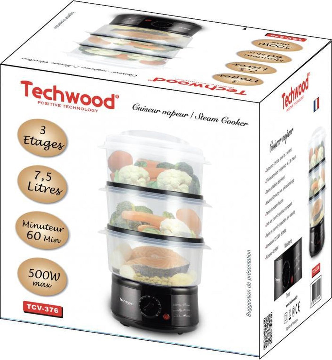 Techwood TCV376 - Food Steamer - 3 Stackable Steam Baskets - 7.5 litres