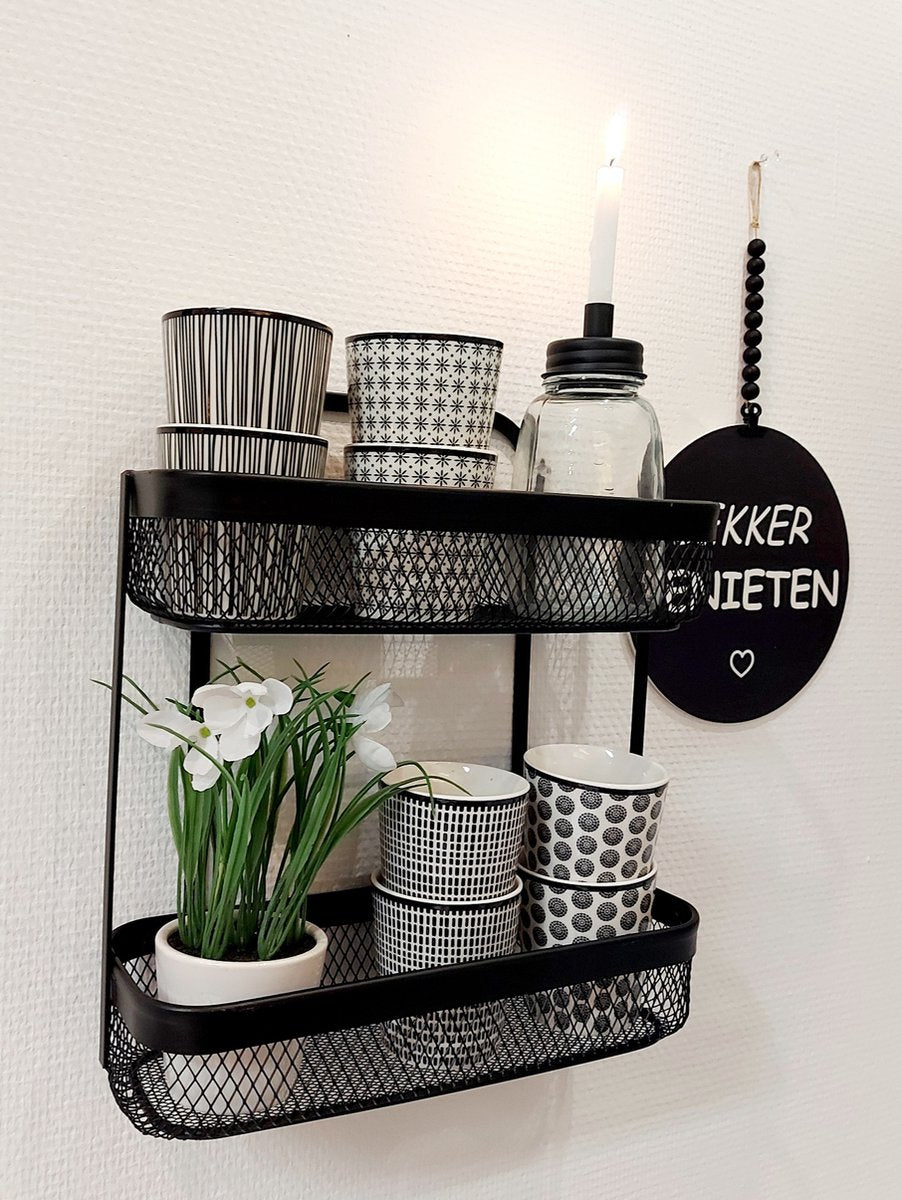 Black kitchen styling rack for mugs and spices