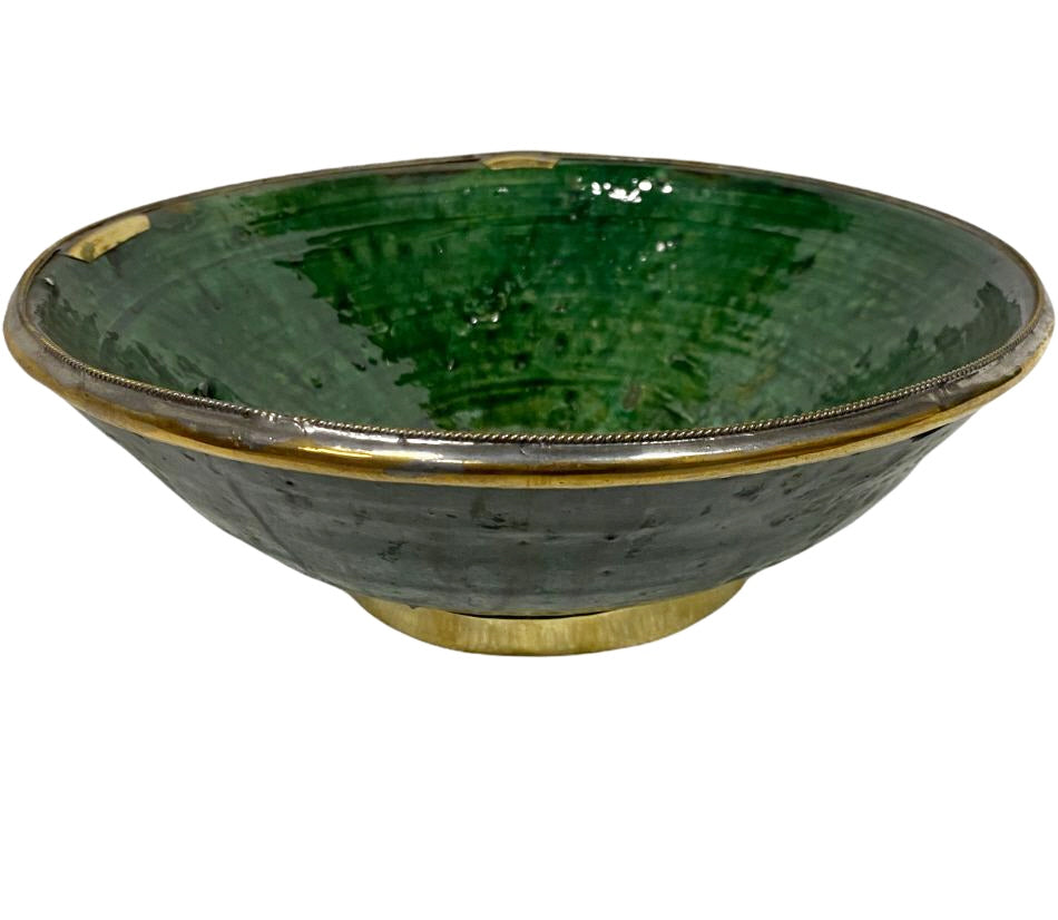 Tamegroute kom met gouden rand – groen geglazuurd aardewerk, Ø ca. 23,5 cm