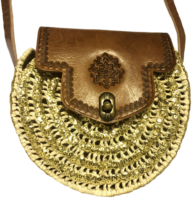 Raffia crossbody tas met gouden pailletten – handgeweven Marokkaanse tas