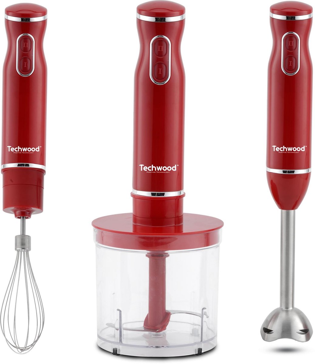 Techwood staafmixerset 3-in-1, rood – 600 W met hakmolen, garde en mengbeker