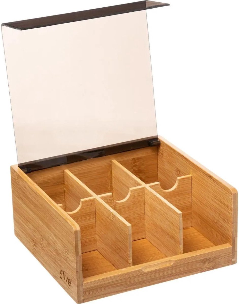 Teedose - Teekiste braun/schwarz 6 Fächer 22 x 21 cm aus Bambus