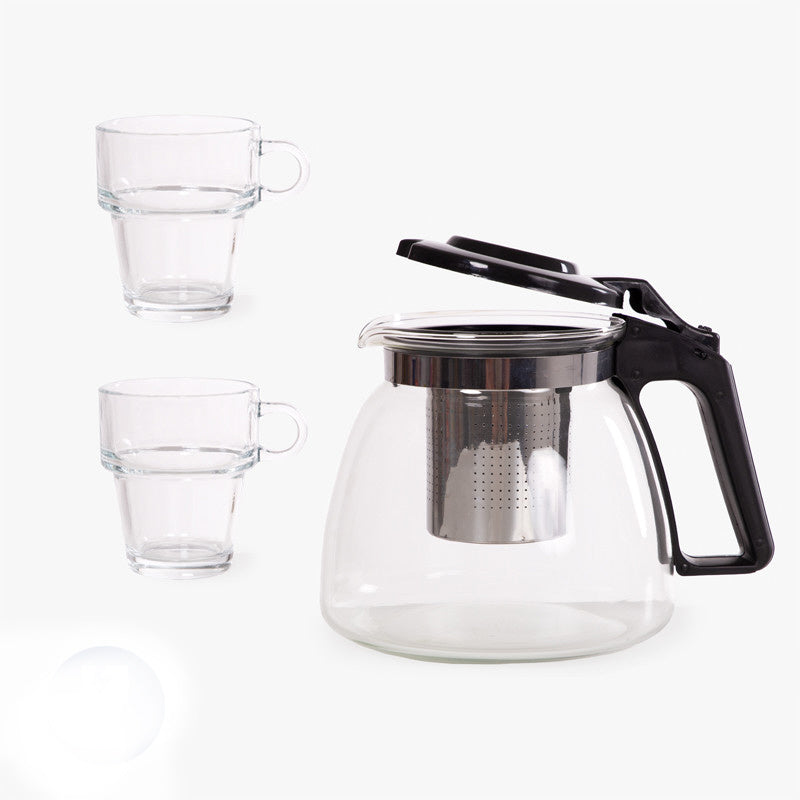 3-piece 900 ml teapot and 2 glass cups of 270 ml